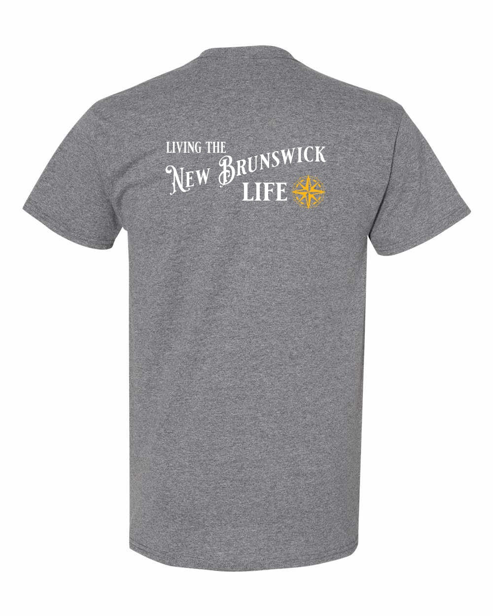 Living the New Brunswick Life yellow Left Chest and Back Men's Tee