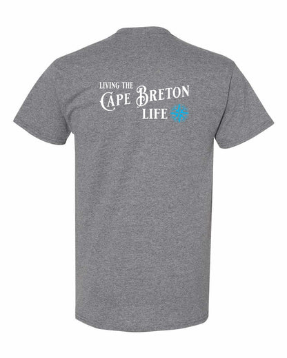 Living the Cape Breton Life blue Left Chest and Back Men's Tee