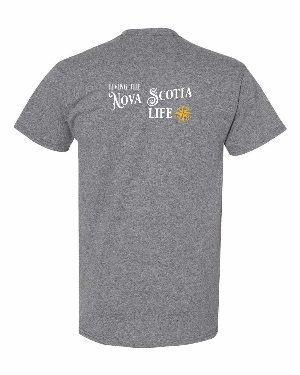Living the Nova Scotia Life yellow Left Chest and Back mens-tee