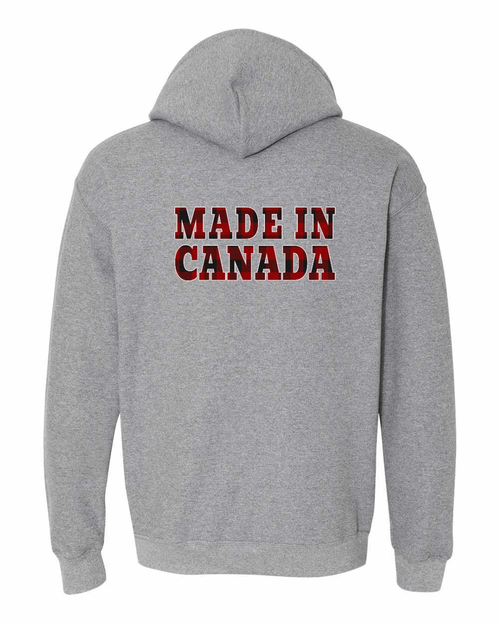 Made in Canada Plaid Background Left Chest and Back Pullover Hoodie - Gildan Canada (sewn Internationally) - Unisex