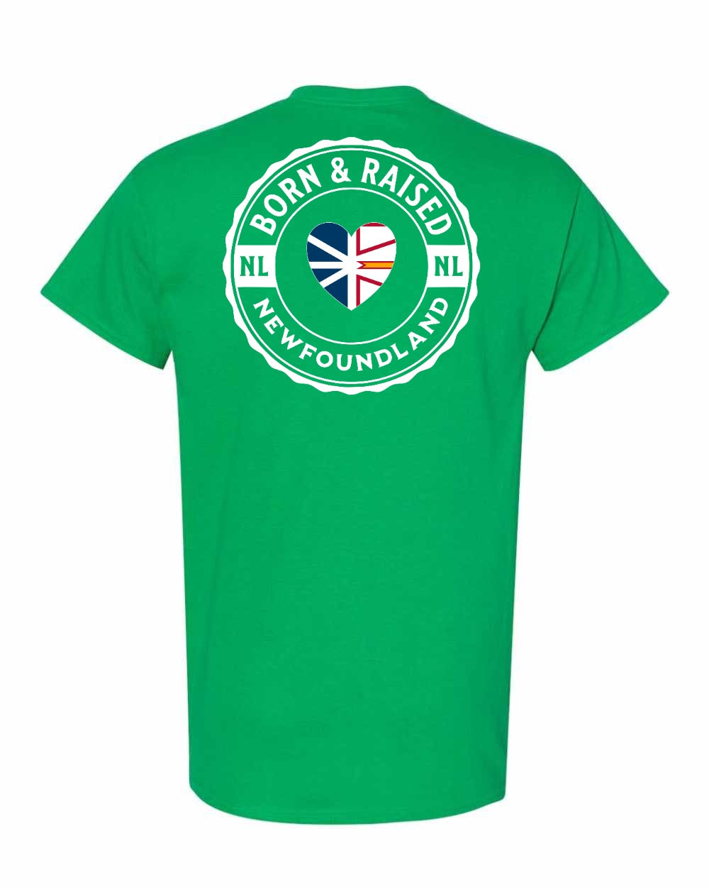 Born and Raised NFLD Heart Flag Left Chest & Back Men's Tee