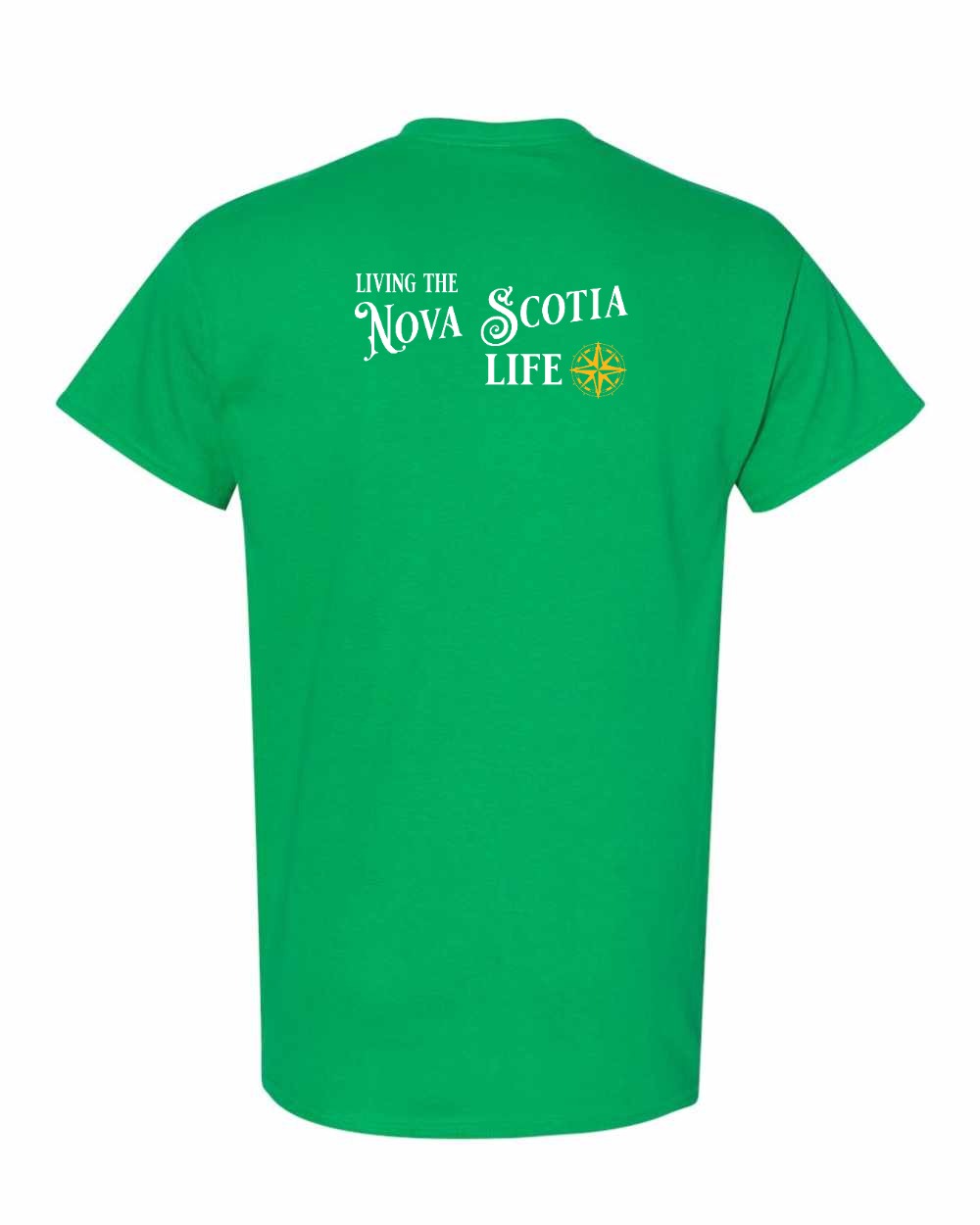 Living the Nova Scotia Life yellow Left Chest and Back mens-tee