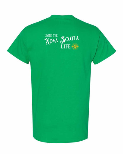 Living the Nova Scotia Life yellow Left Chest and Back mens-tee