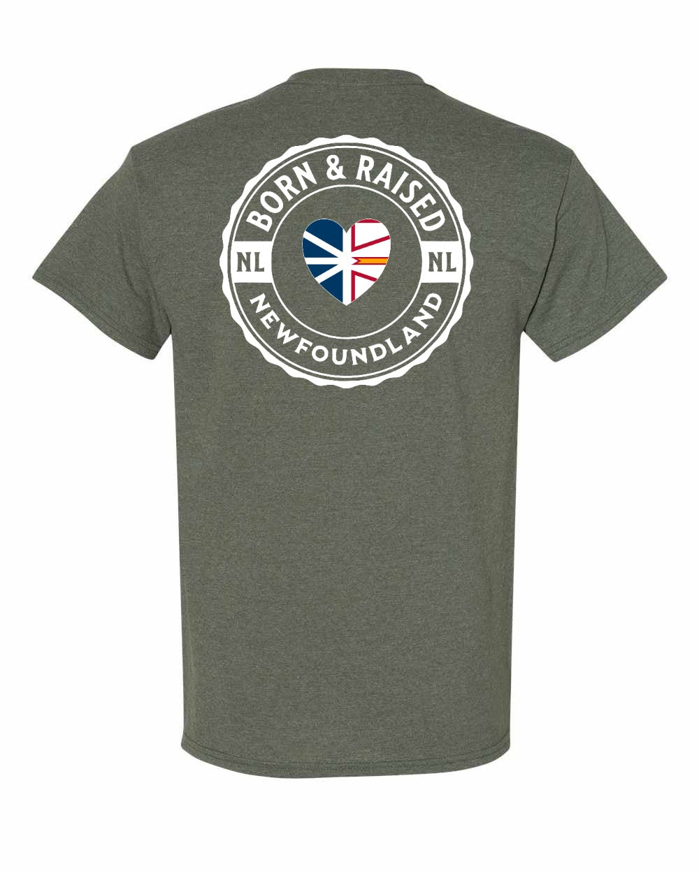 Born and Raised NFLD Heart Flag Left Chest & Back Men's Tee