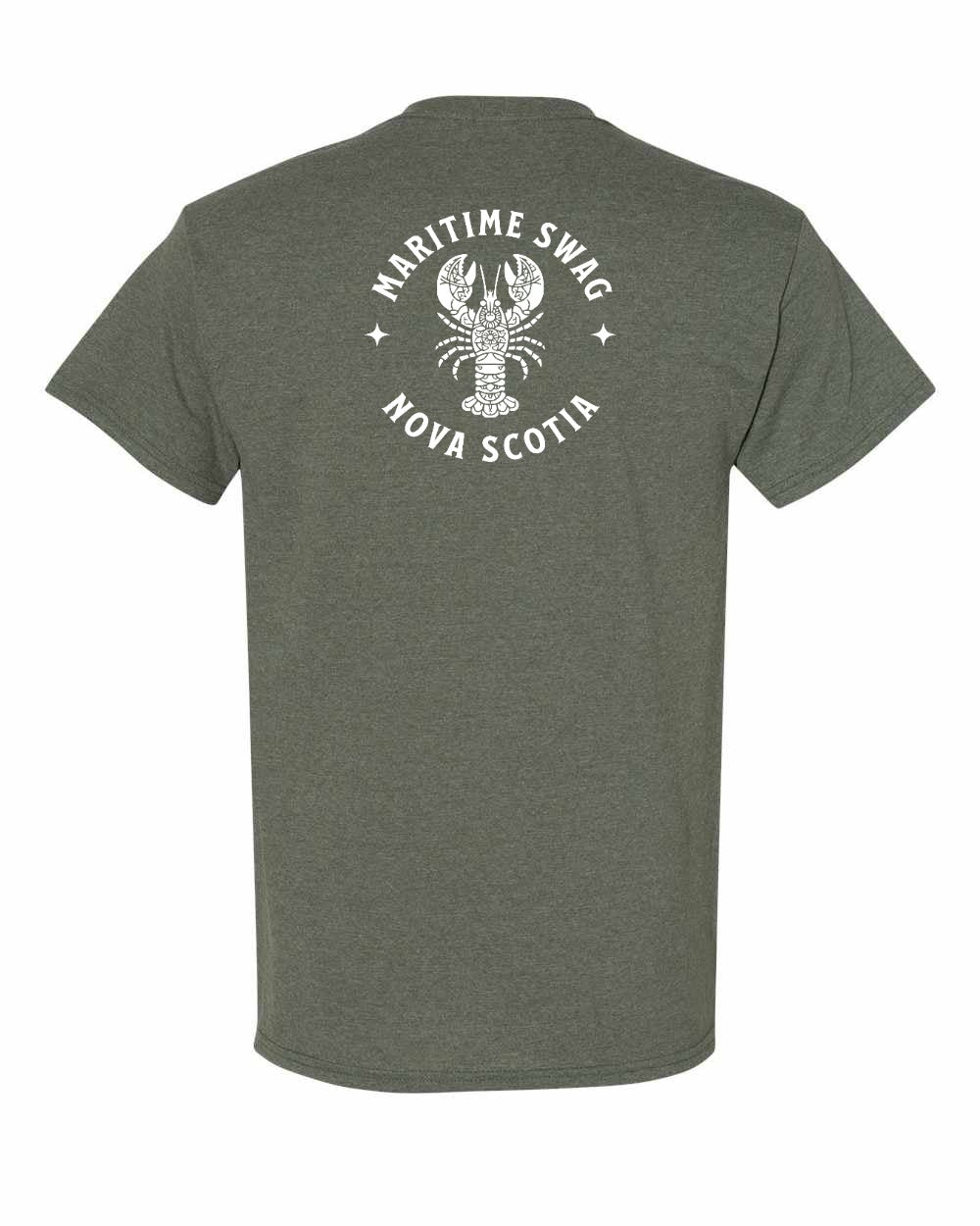 Maritime Swag Nova Scotia Mandala white Lobster Left Chest and Back mens-tee