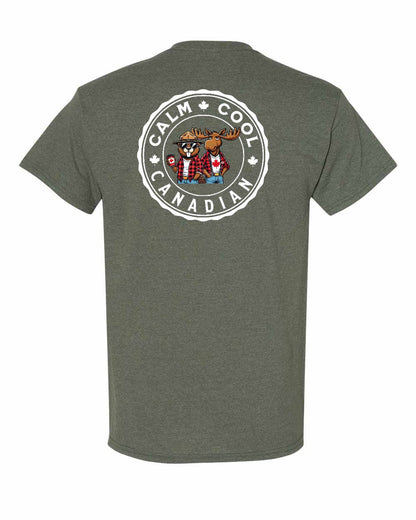 Calm Cool Canadian Beaver and Moose Left Chest & Back Men's Tee