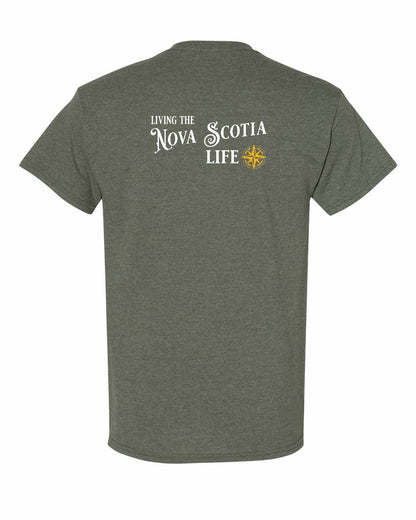 Living the Nova Scotia Life yellow Left Chest and Back mens-tee