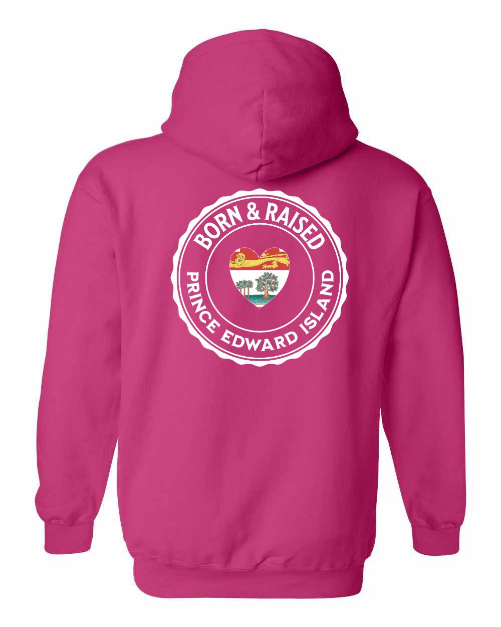 Born and Raised PEI Heart Flag Left Chest & Back Pullover Hoodie - Unisex
