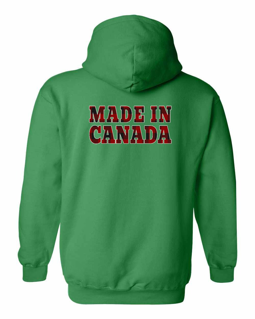 Made in Canada Plaid Background Left Chest and Back Pullover Hoodie - Gildan Canada (sewn Internationally) - Unisex