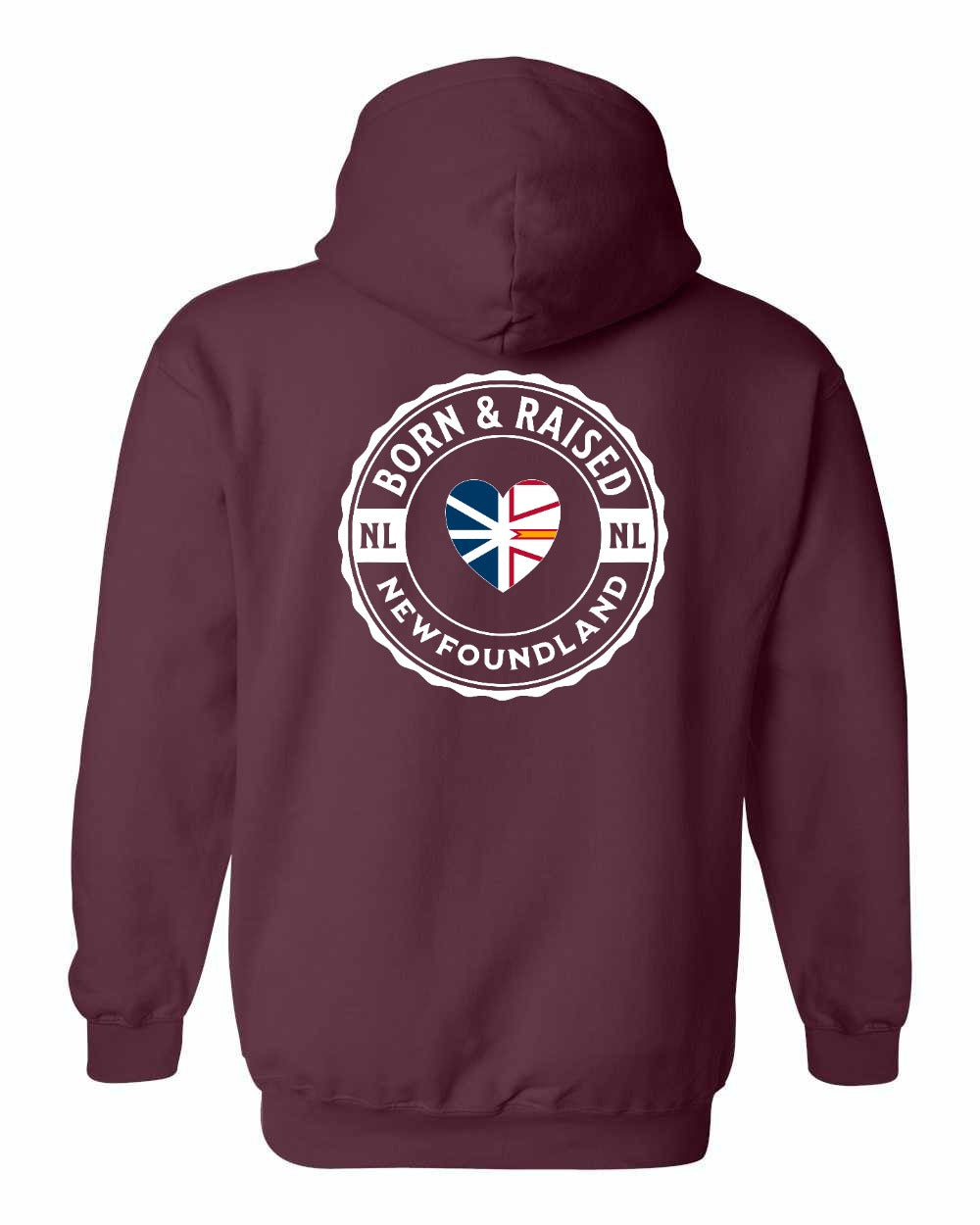 Born and Raised NFLD Heart Flag Left Chest & Back Pullover Hoodie - Unisex