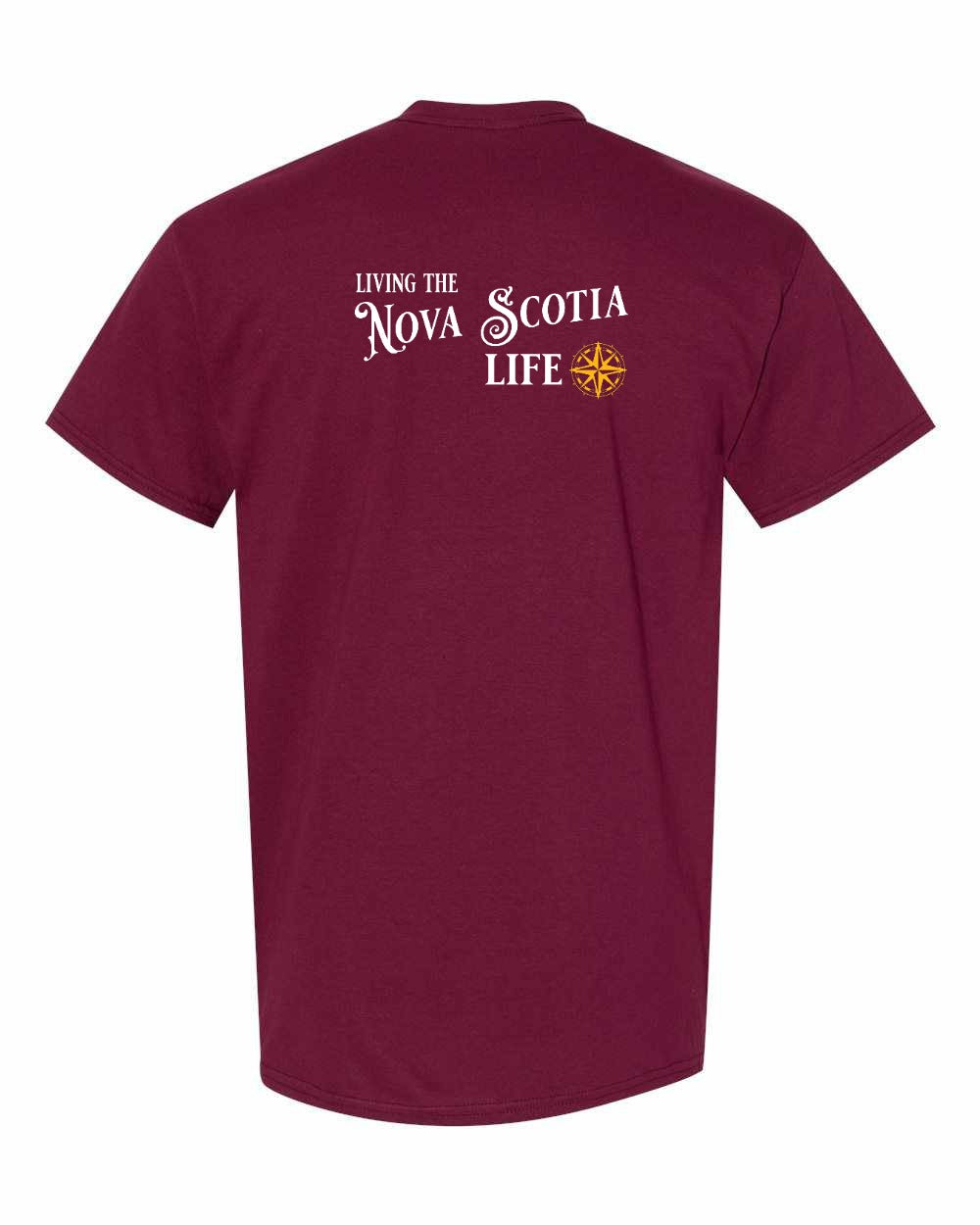 Living the Nova Scotia Life yellow Left Chest and Back mens-tee