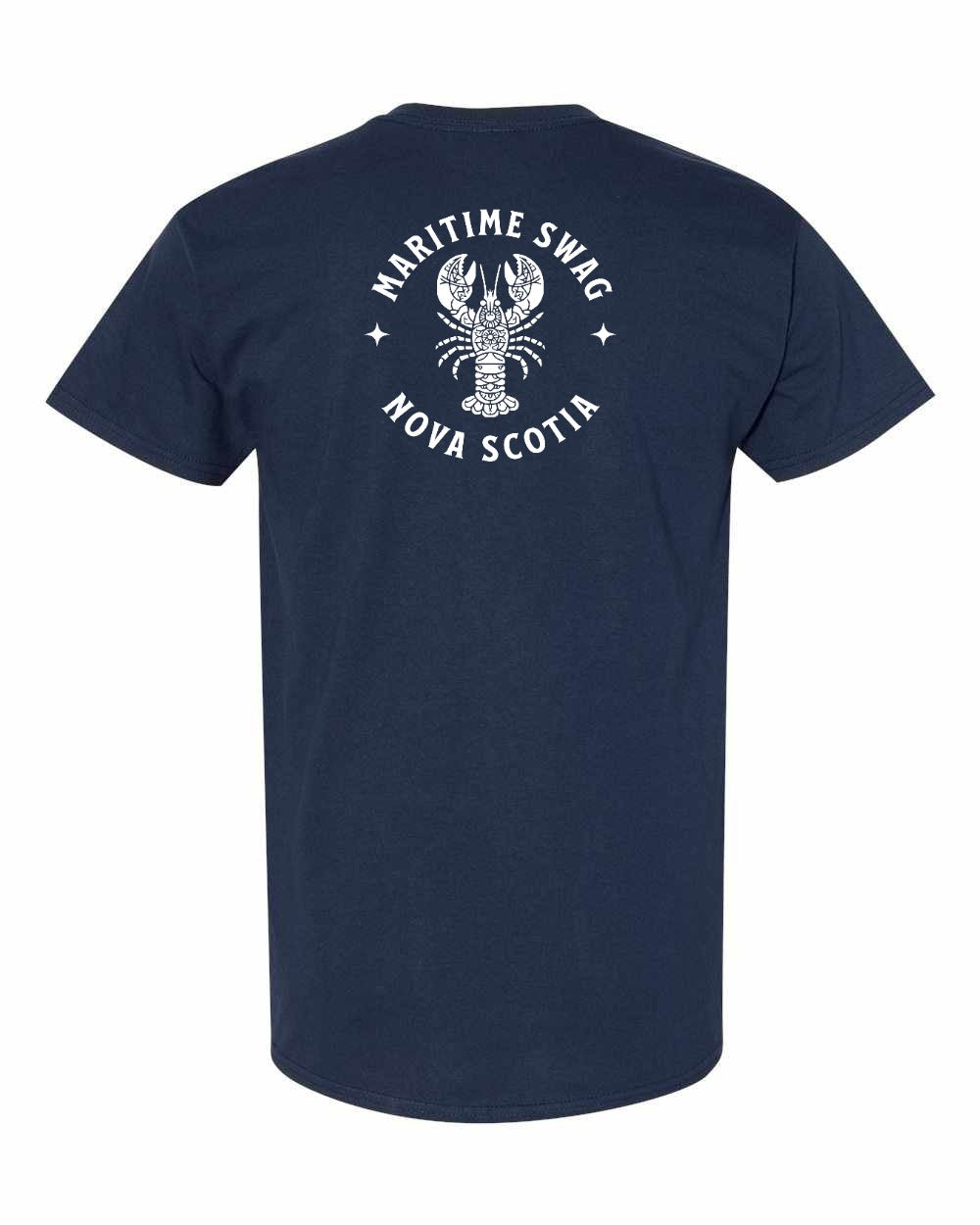 Maritime Swag Nova Scotia Mandala white Lobster Left Chest and Back mens-tee