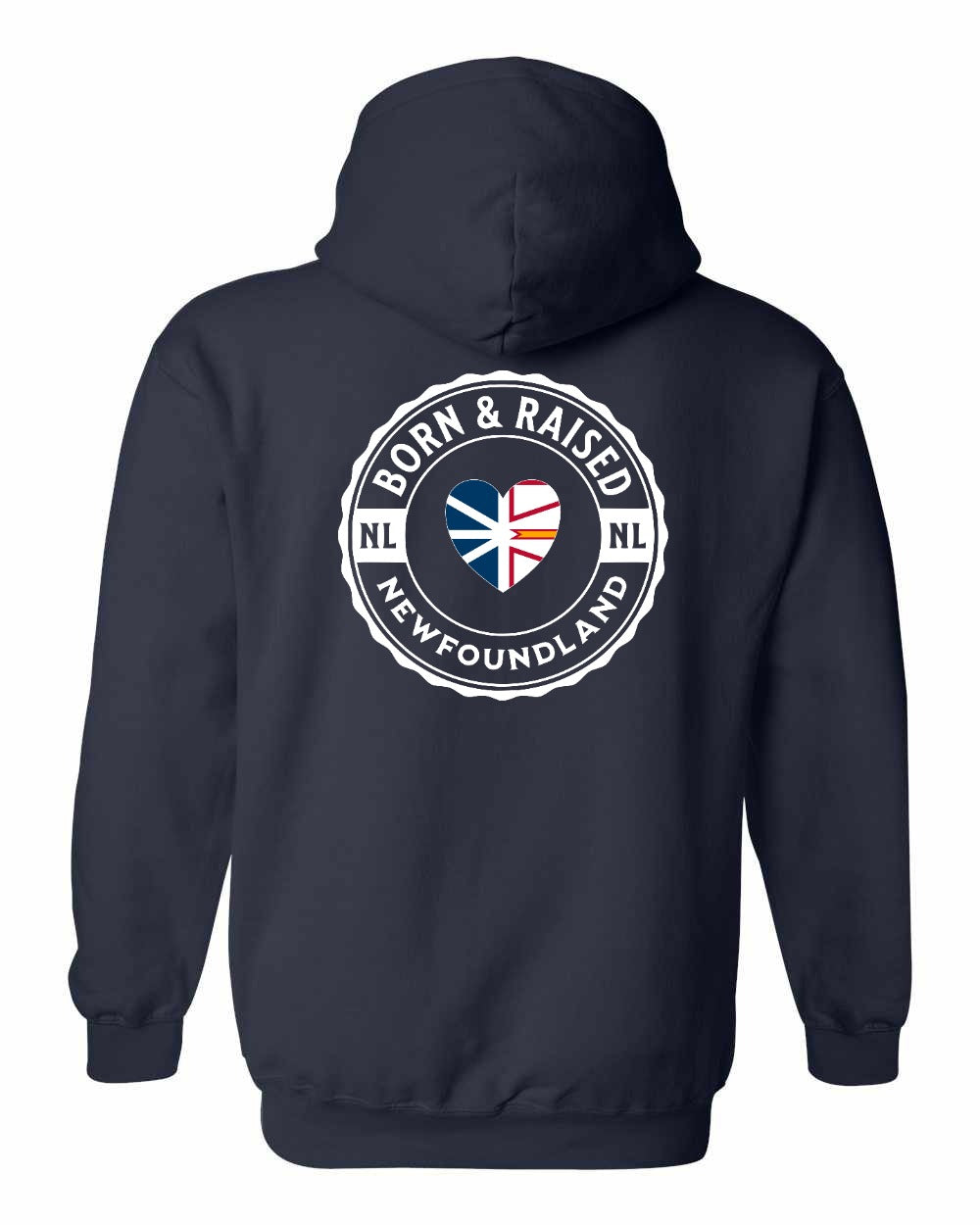 Born and Raised NFLD Heart Flag Left Chest & Back Pullover Hoodie - Unisex