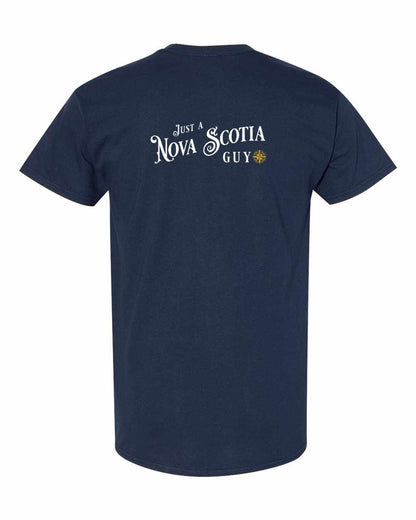 Just a Nova Scotia Guy yellow Left Chest and Back mens-tee