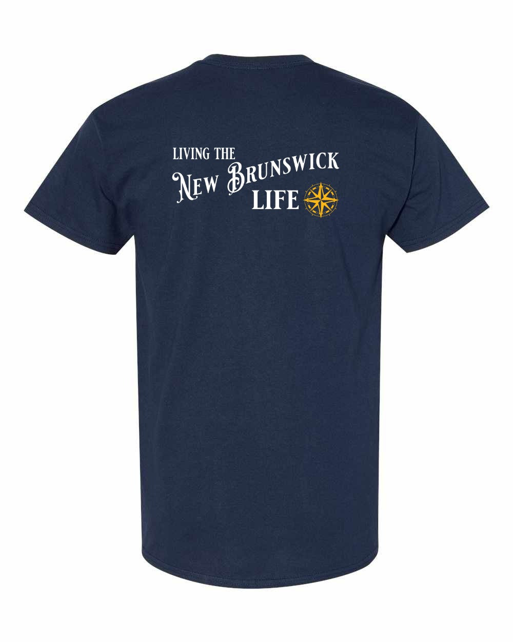 Living the New Brunswick Life yellow Left Chest and Back Men's Tee
