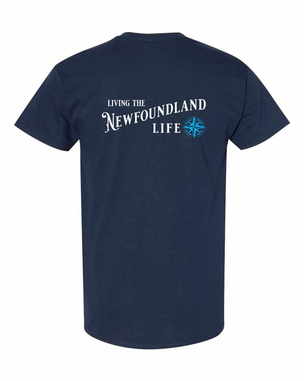 Living the NFLD Life blue Left Chest and Back Men's Tee