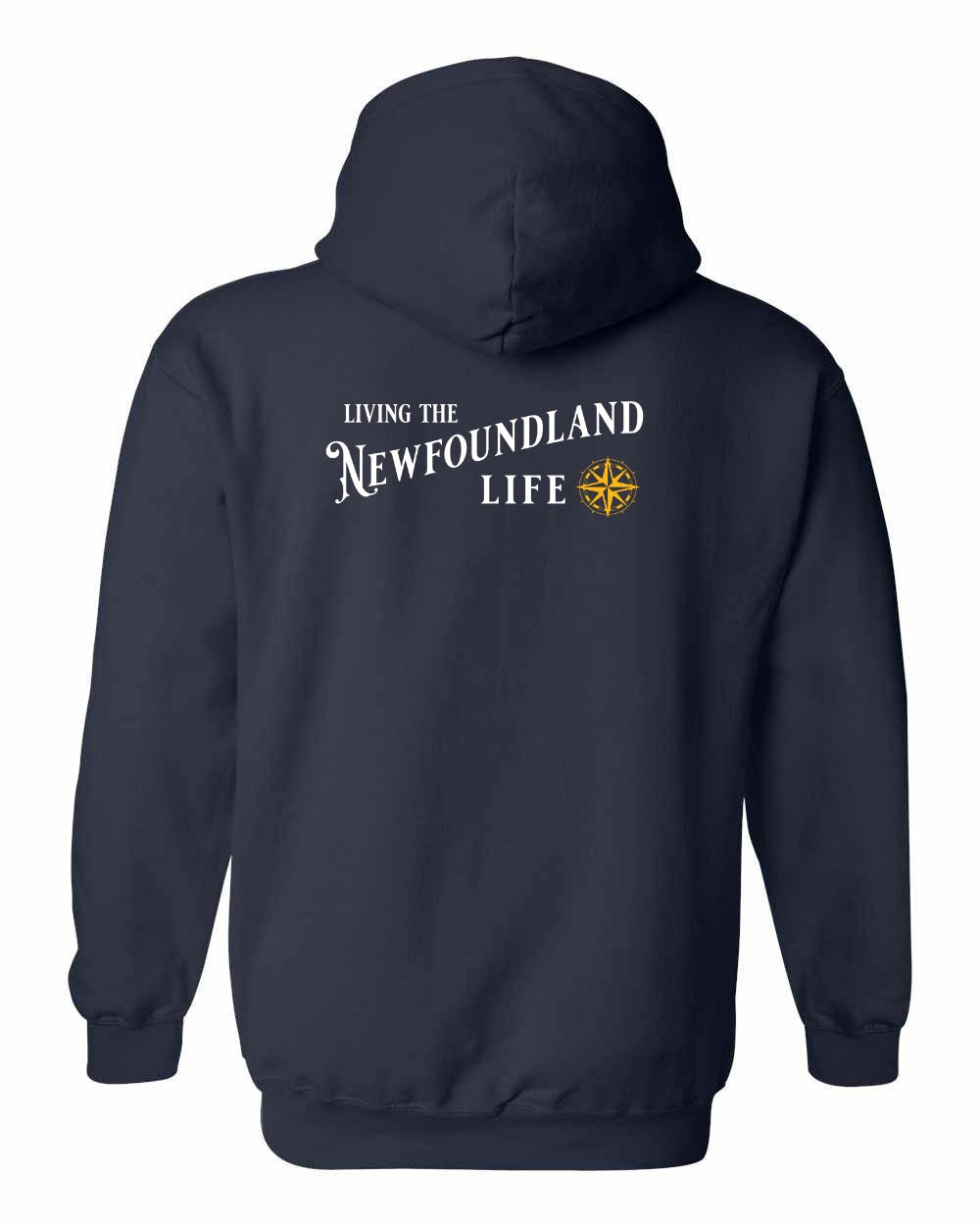 Living the NFLD Life yellow Left Chest and Back Pullover Hoodie - Unisex