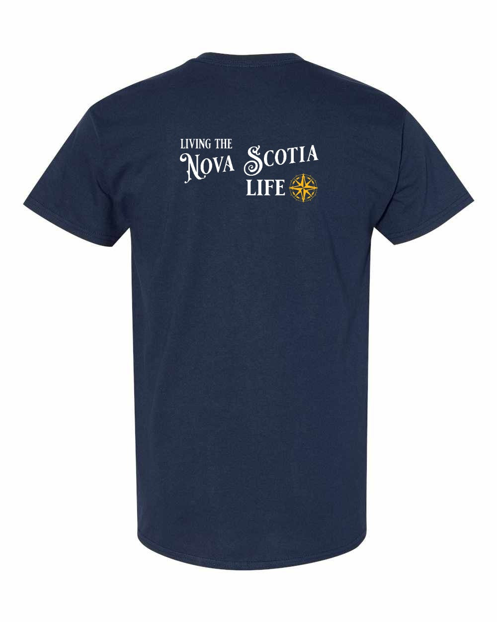 Living the Nova Scotia Life yellow Left Chest and Back mens-tee
