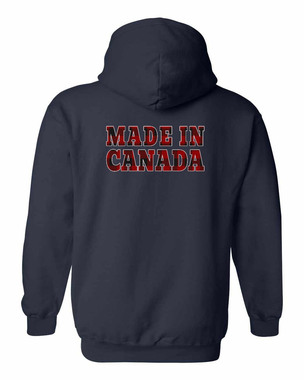 Made in Canada Plaid Background Left Chest and Back Pullover Hoodie - Gildan Canada (sewn Internationally) - Unisex