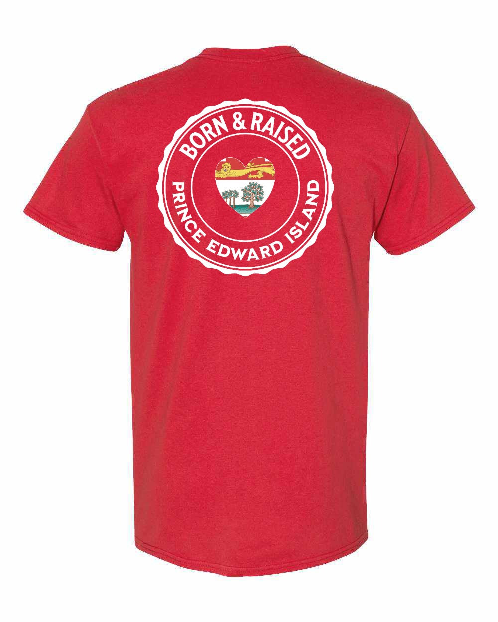 Born and Raised PEI Heart Flag Left Chest & Back Men's Tee