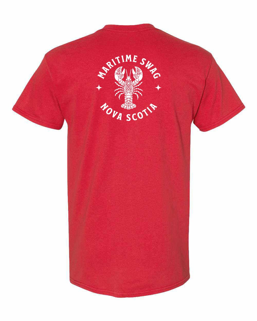Maritime Swag Nova Scotia Mandala white Lobster Left Chest and Back mens-tee