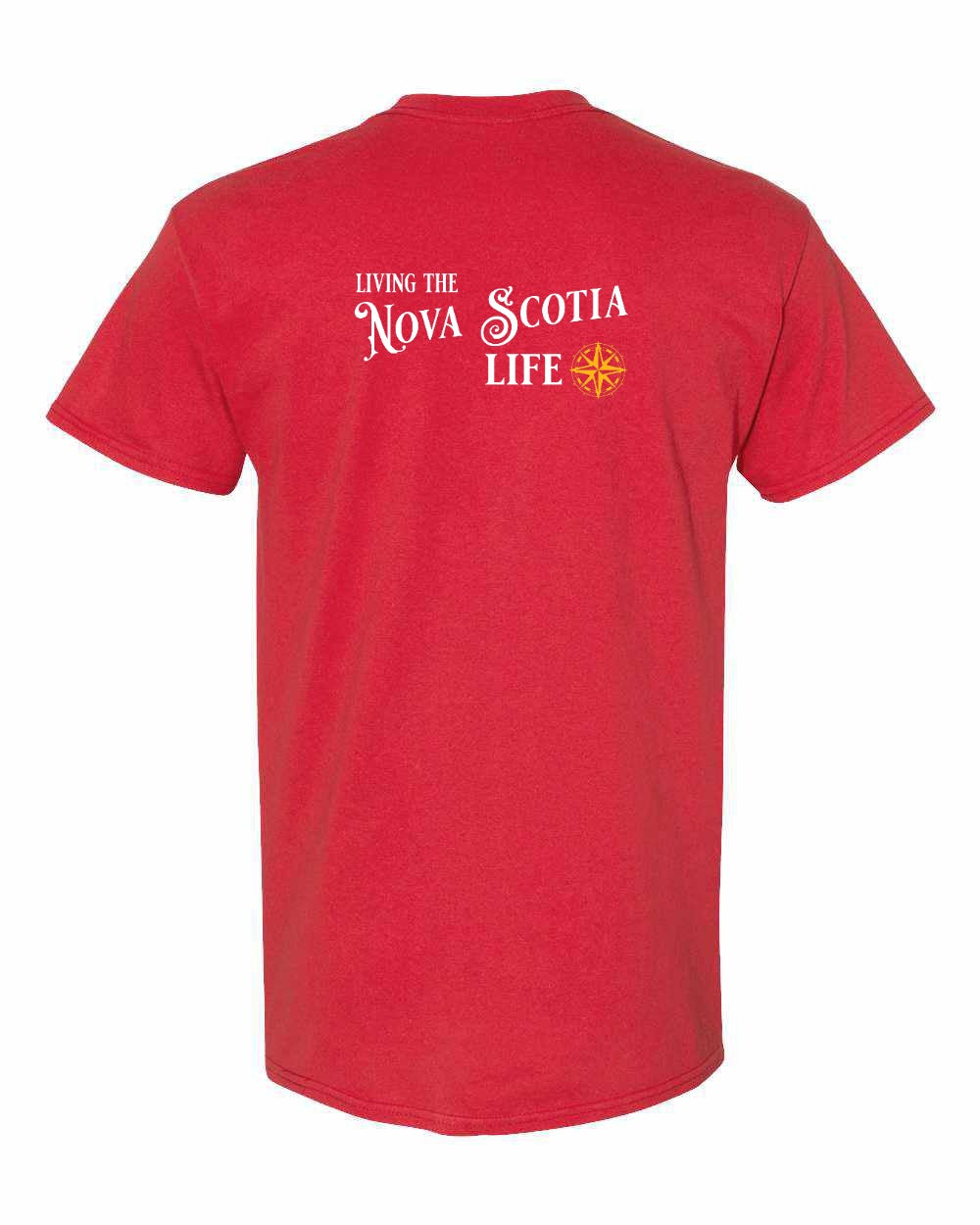 Living the Nova Scotia Life yellow Left Chest and Back mens-tee