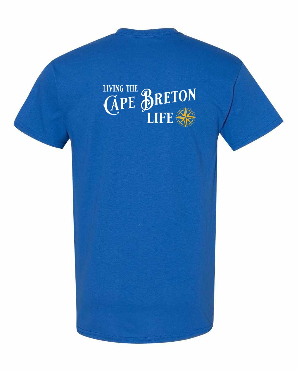 Living the Cape Breton Life yellow Left Chest and Back Men's Tee