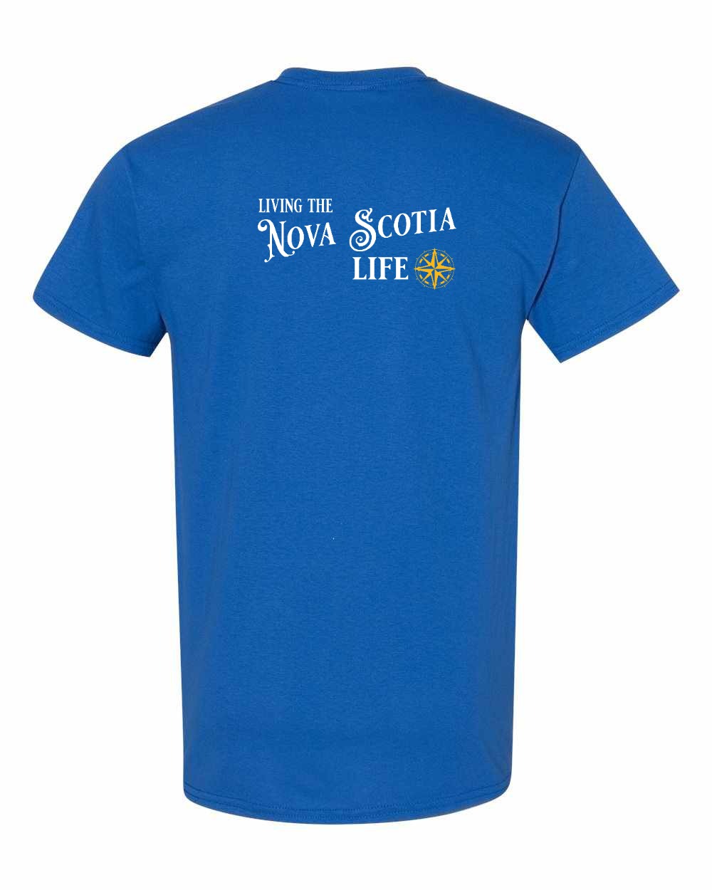Living the Nova Scotia Life yellow Left Chest and Back mens-tee