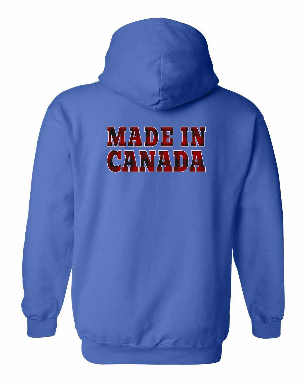Made in Canada Plaid Background Left Chest and Back Pullover Hoodie - Gildan Canada (sewn Internationally) - Unisex