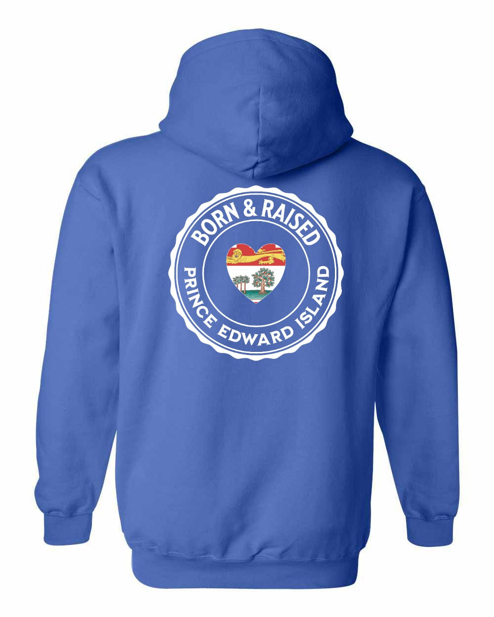 Born and Raised PEI Heart Flag Left Chest & Back Pullover Hoodie - Unisex