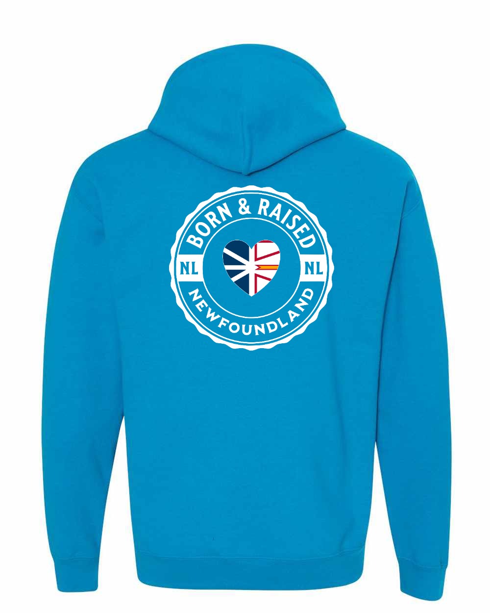 Born and Raised NFLD Heart Flag Left Chest & Back Pullover Hoodie - Unisex