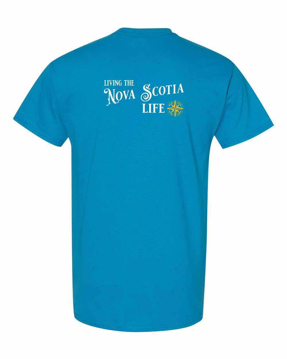 Living the Nova Scotia Life yellow Left Chest and Back mens-tee