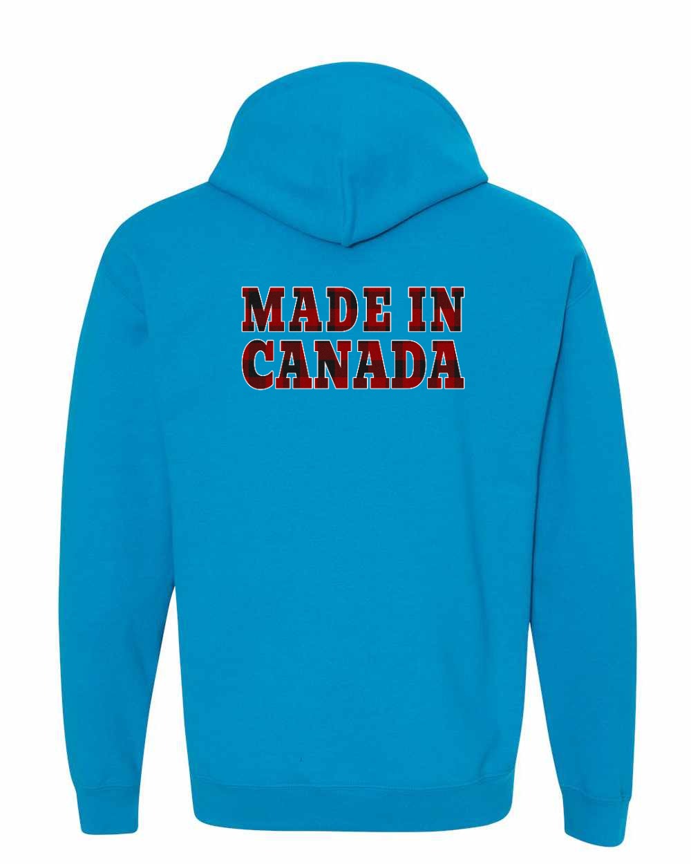 Made in Canada Plaid Background Left Chest and Back Pullover Hoodie - Gildan Canada (sewn Internationally) - Unisex