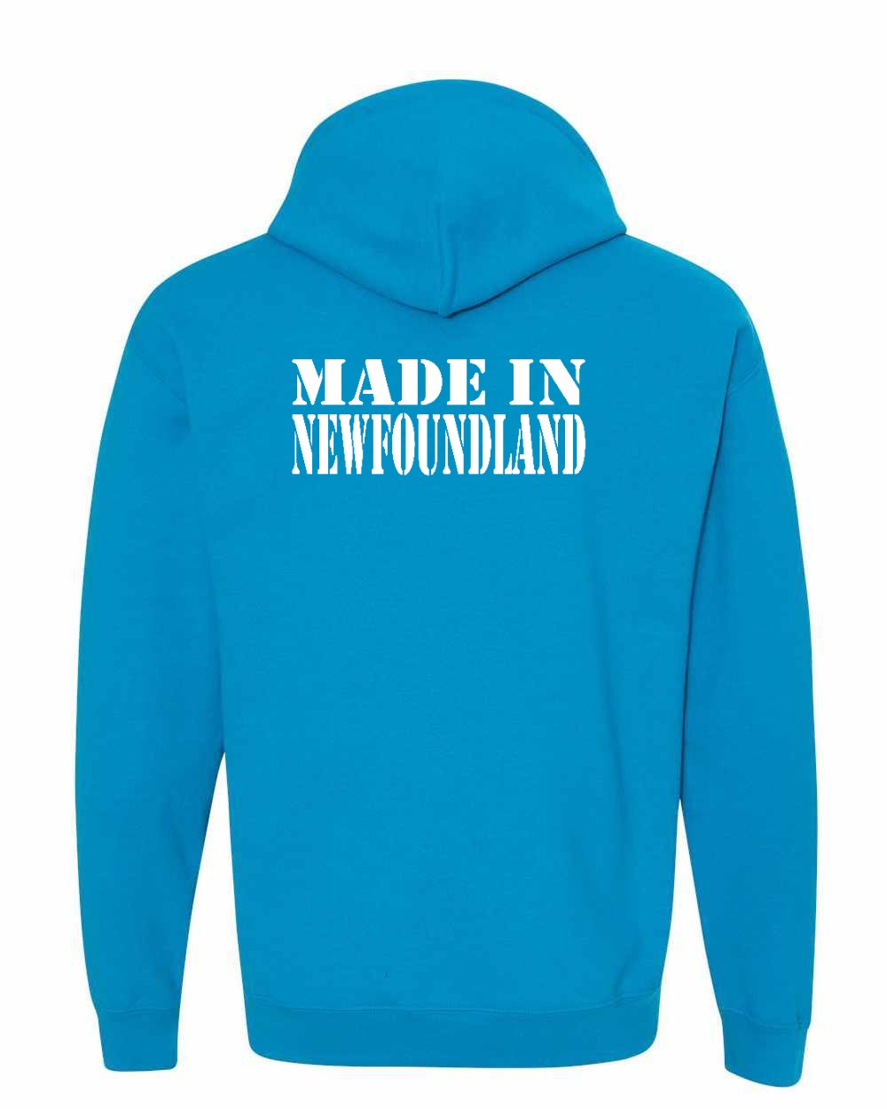 Made In NFLD ( White Lettering) Left Chest and Back Pullover Hoodie - Unisex