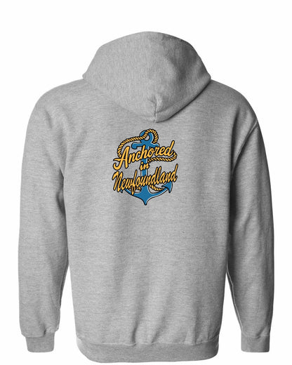 Anchored in Newfoundland (New Design) Left Chest and Back Zip Hoodie