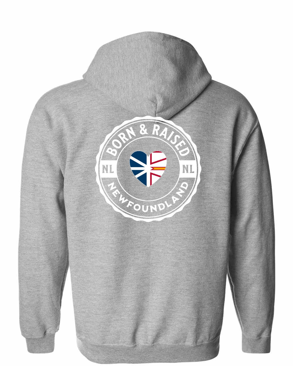 Born and Raised NFLD Heart Flag Left Chest & Back Zip Hoodie - Unisex