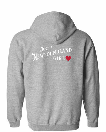 Just a Newfoundland Girl Red Heart Left Chest and Back Zip Hoodie