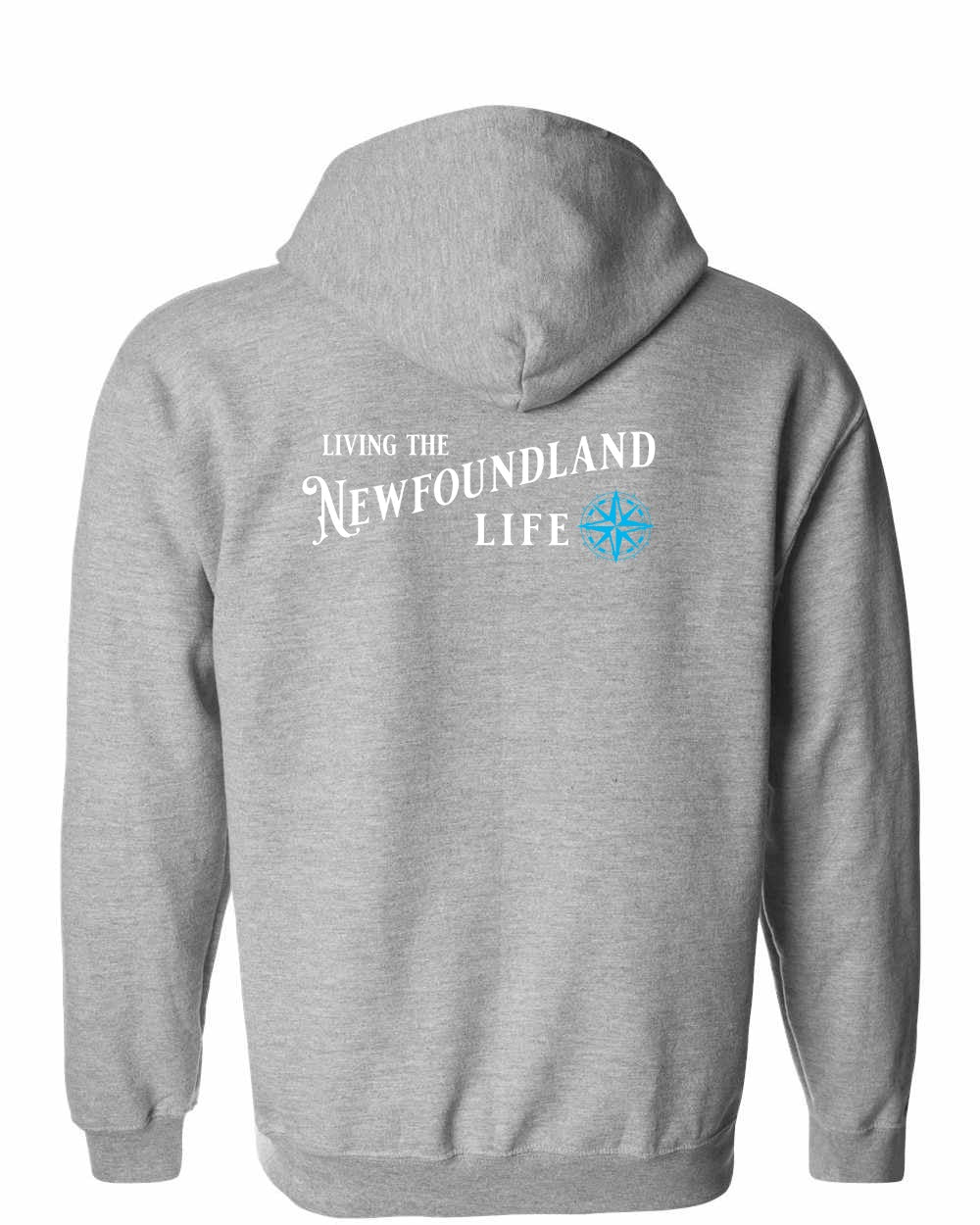 Living the Newfoundland Life blue Left Chest and Back Zip Hoodie