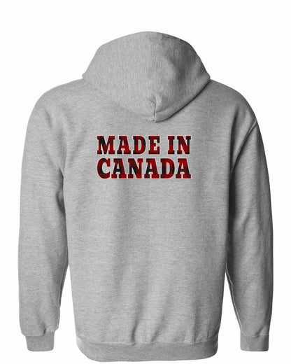Made in Canada Plaid Background Left Chest and Back Zip Hoodie - Gildan Canada (sewn Internationally)