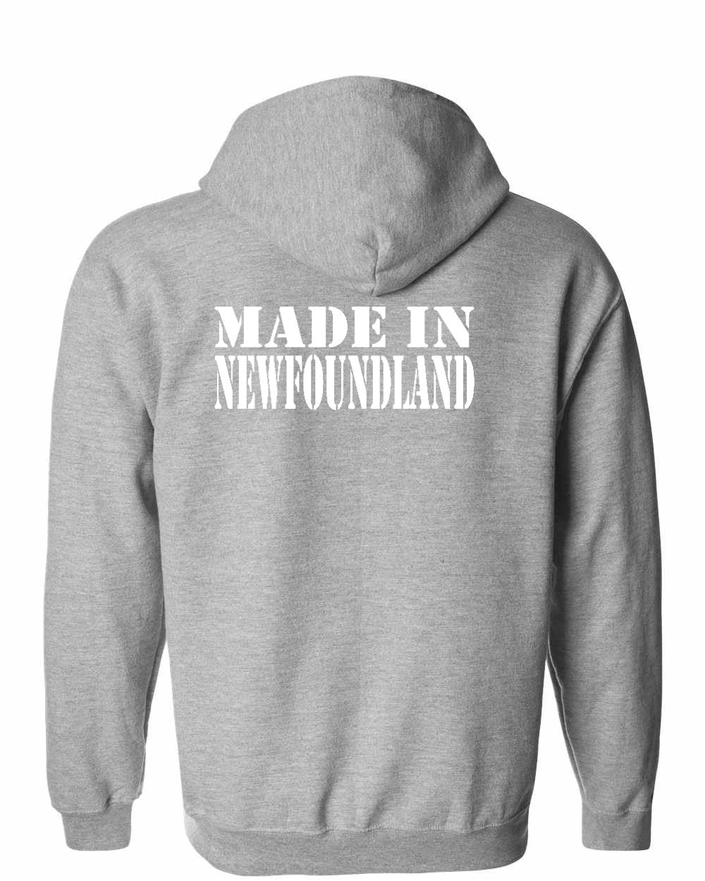 Made In NFLD ( White Lettering) Left Chest and Back Zip Hoodie - Unisex