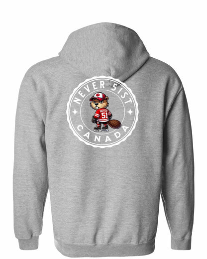 Never 51st Beaver Left Chest and Back Zip Hoodie - Gildan Canada (sewn Internationally)