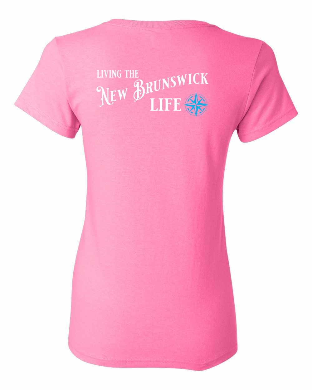 Living the New Brunswick Life blue Left Chest and Back Women's Tee