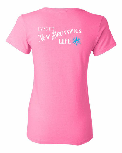 Living the New Brunswick Life blue Left Chest and Back Women's Tee
