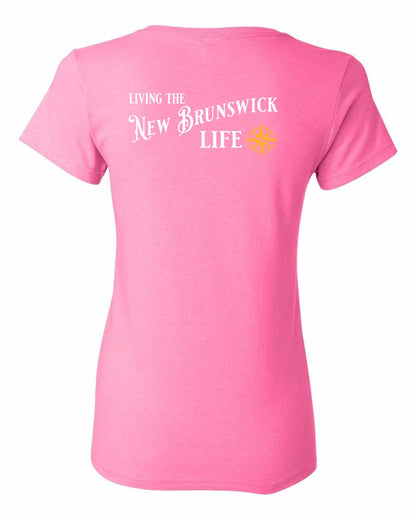 Living the New Brunswick Life yellow Left Chest and Back Women's Tee