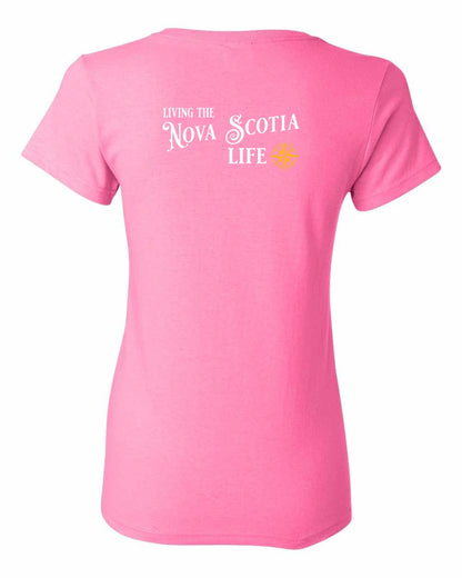 Living the Nova Scotia Life yellow Left Chest and Back womens-tee