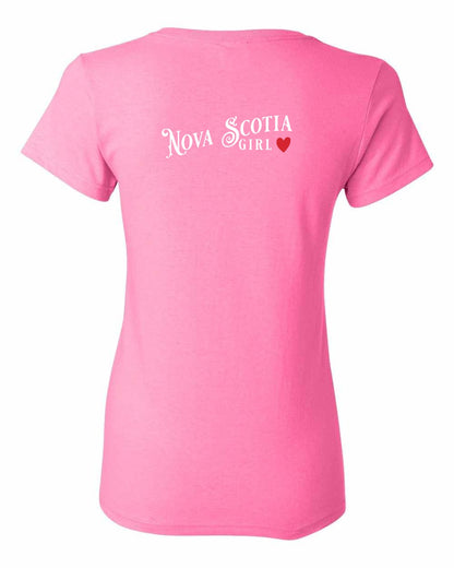 Nova Scotia Girl Red Heart Left Chest and Back womens-tee
