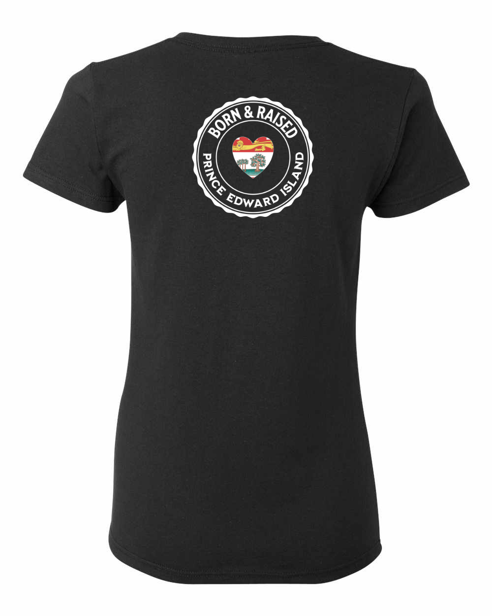 Born and Raised Heart Flag PEI Left Chest and Back Women's Tee