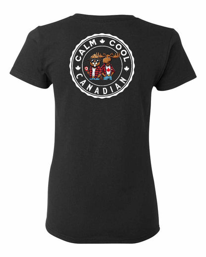 Calm Cool Canadian Beaver and Moose Left Chest and Back Women's Tee