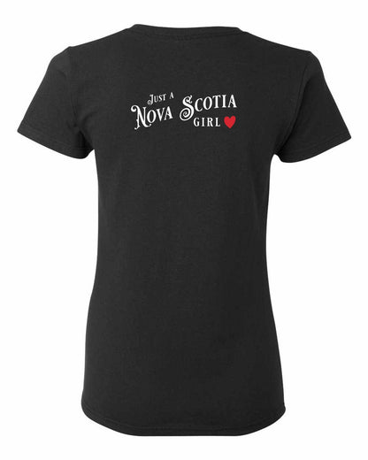 Just a Nova Scotia Girl Red Heart Left Chest and Back womens-tee