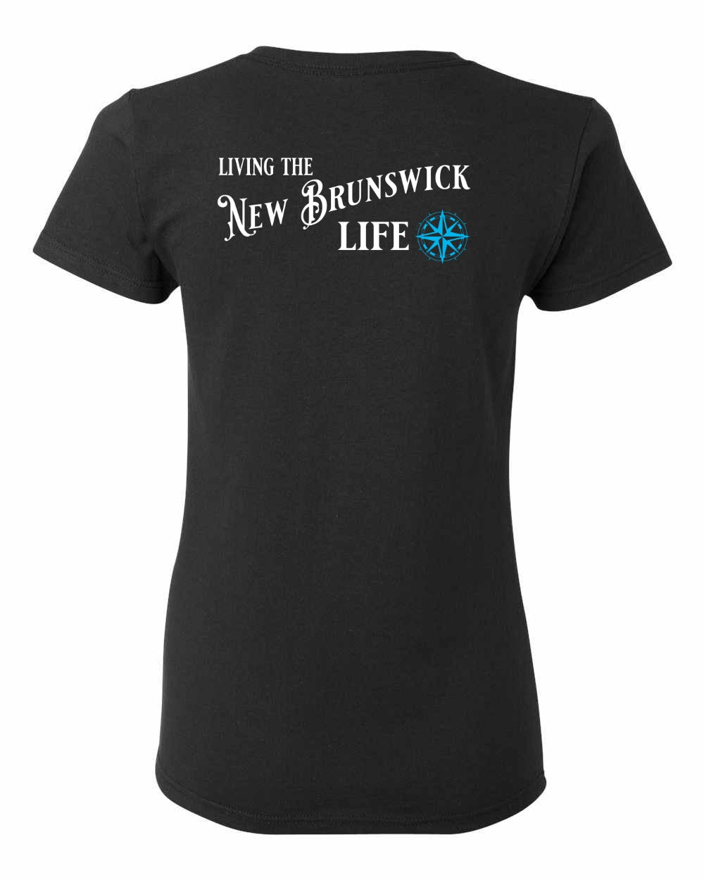 Living the New Brunswick Life blue Left Chest and Back Women's Tee